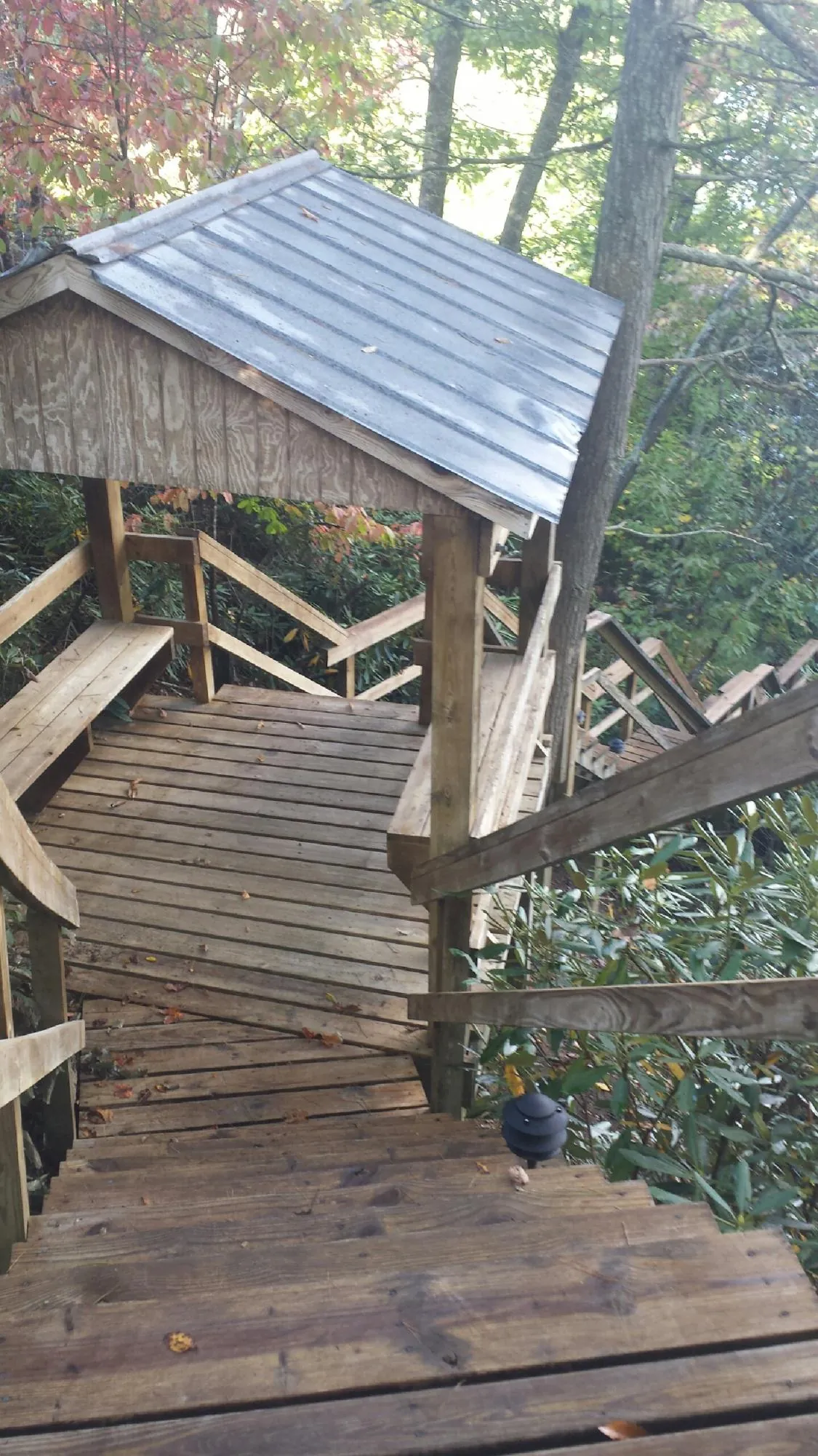 Metal roofed shelter over wooden steps on a wooded walkway — Skylight Repair & Installation work by our crew in Bonsall